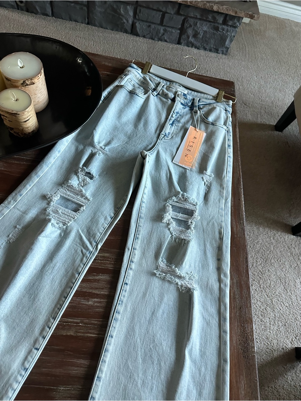 RISEN BOUTIQUE DENIM Boho High-Rise Wide Leg Distressed Jeans - Light Wash - Picture 5 of 13